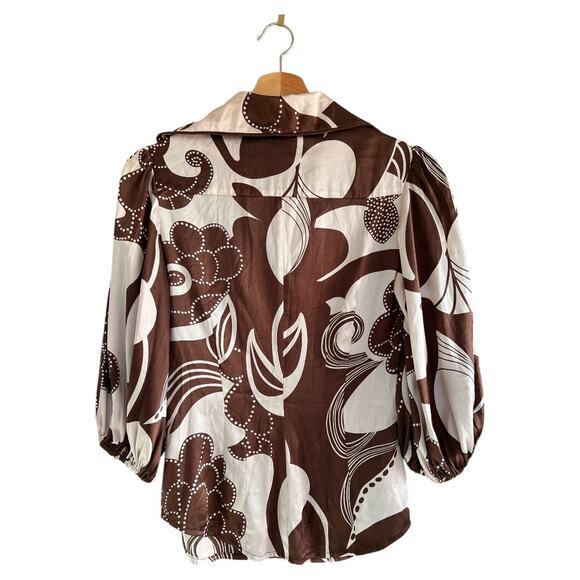 Bebe XS Brown Floral SILK Blend Henley Blouse 1/2 Balloon Sleeve Slim Fit - Picture 2 of 8